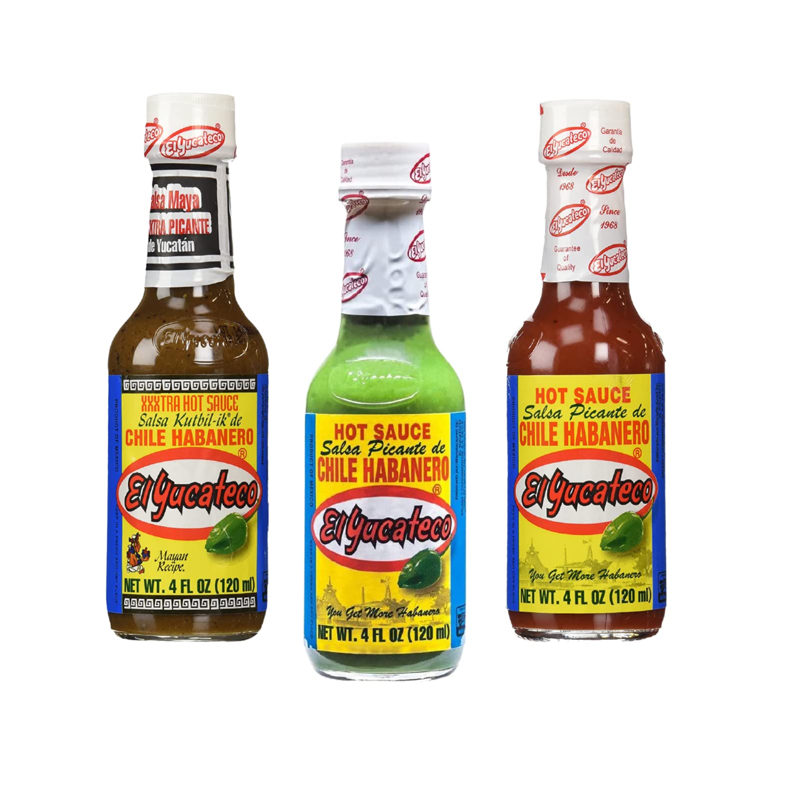 Go2 Groceries Il pacchetto di salsa piccante al peperoncino contiene El Yucateco Green Habanero, Salsa Kutbil-ik-de XXXTRA Hot e Red Habanero (120 ml ciascuno) con biglietti di ricette