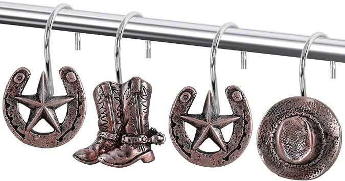12-Piece Western Cowboy Shower Curtain Hooks for Country Farmhouse | Decorative Shower Curtain Hooks for Bathroom, Stainless Steel Shower Hangers Rings
