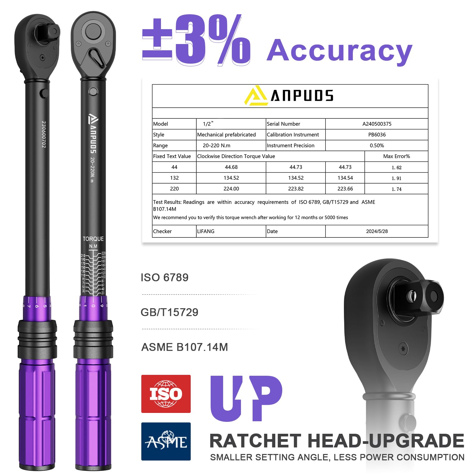 ANPUDS Clé dynamométrique 1/2" 20-220 Nm 72 Dents Tête à Cliquet Réversible Précision ±3%