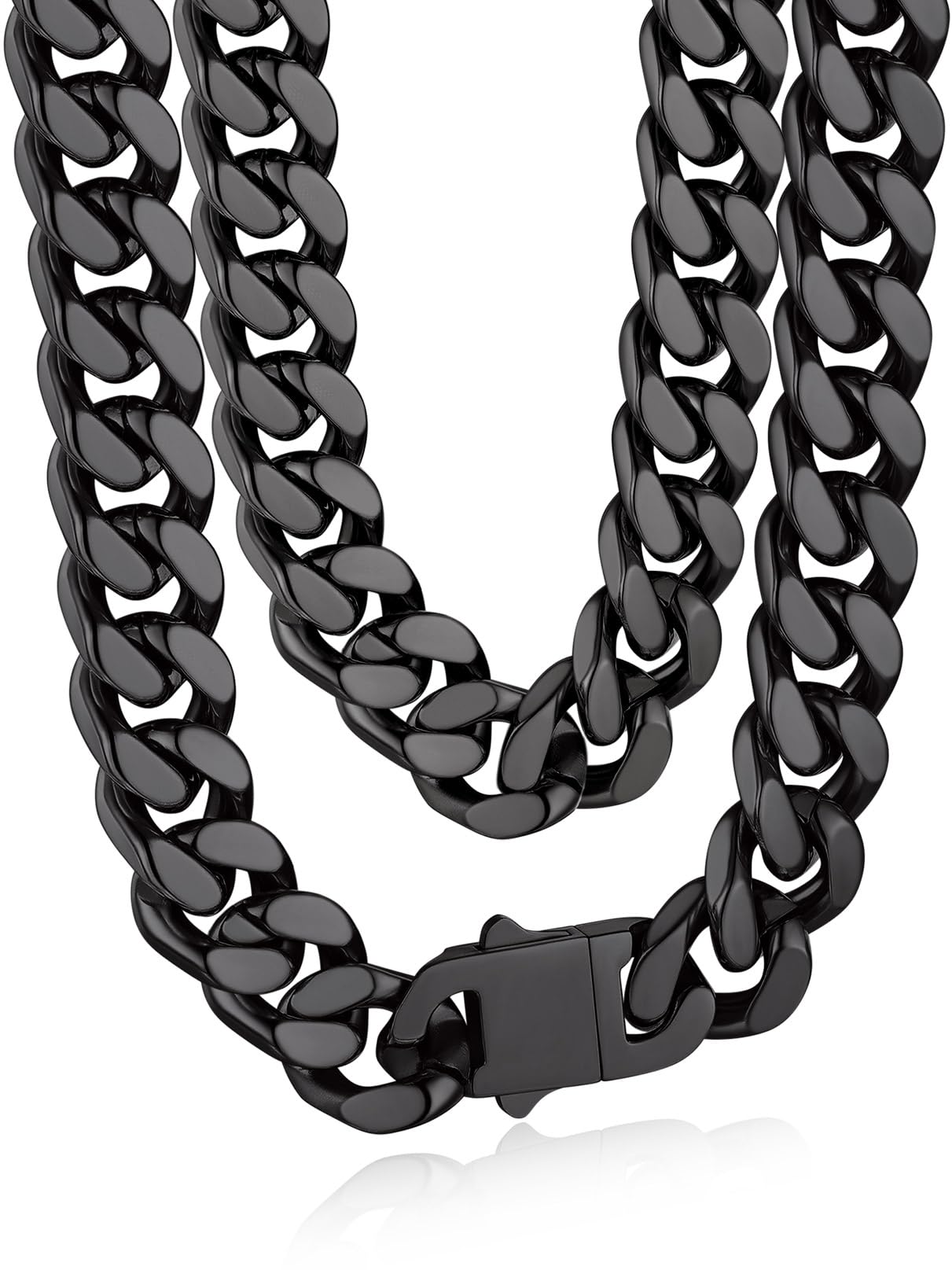 Bandmax Collar Cubano de Hombre Mujer Eslabones Planos Cierre Practico 45cm a 76cm Largo Chapado en Platino/Oro/Negro Regalo a Hijo Pareja, Joyero Incluido