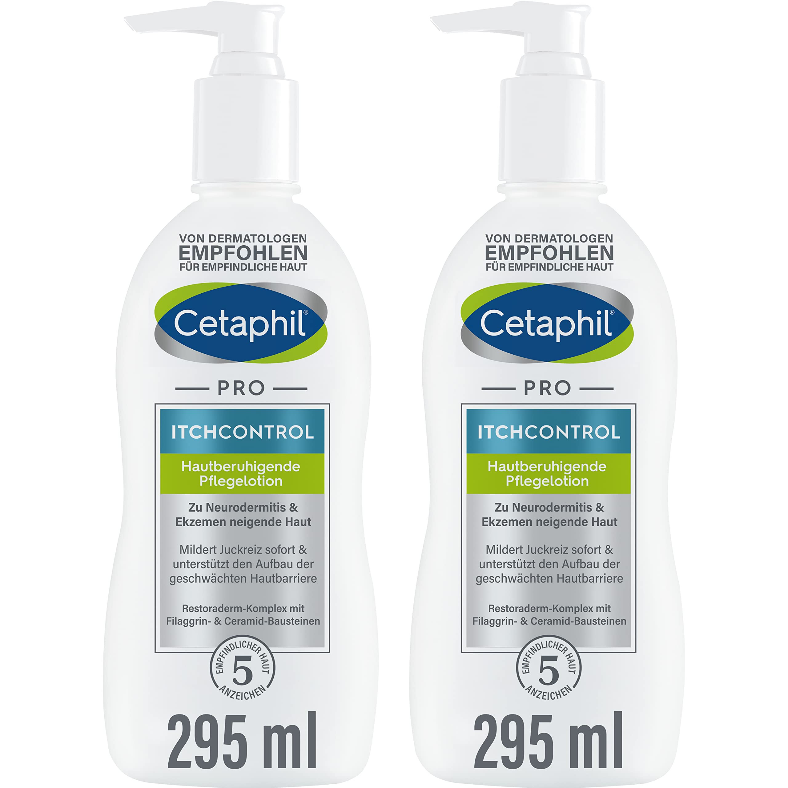 CETAPHIL PRO ItchControl Hautberuhigende Pflegelotion, 2 x 295ml, Für zu Neurodermitis & Ekzemen neigende Haut, Lindert juckende, gereizte Haut, Mit Sheabutter, Filaggrin- und Ceramid-Bausteinen