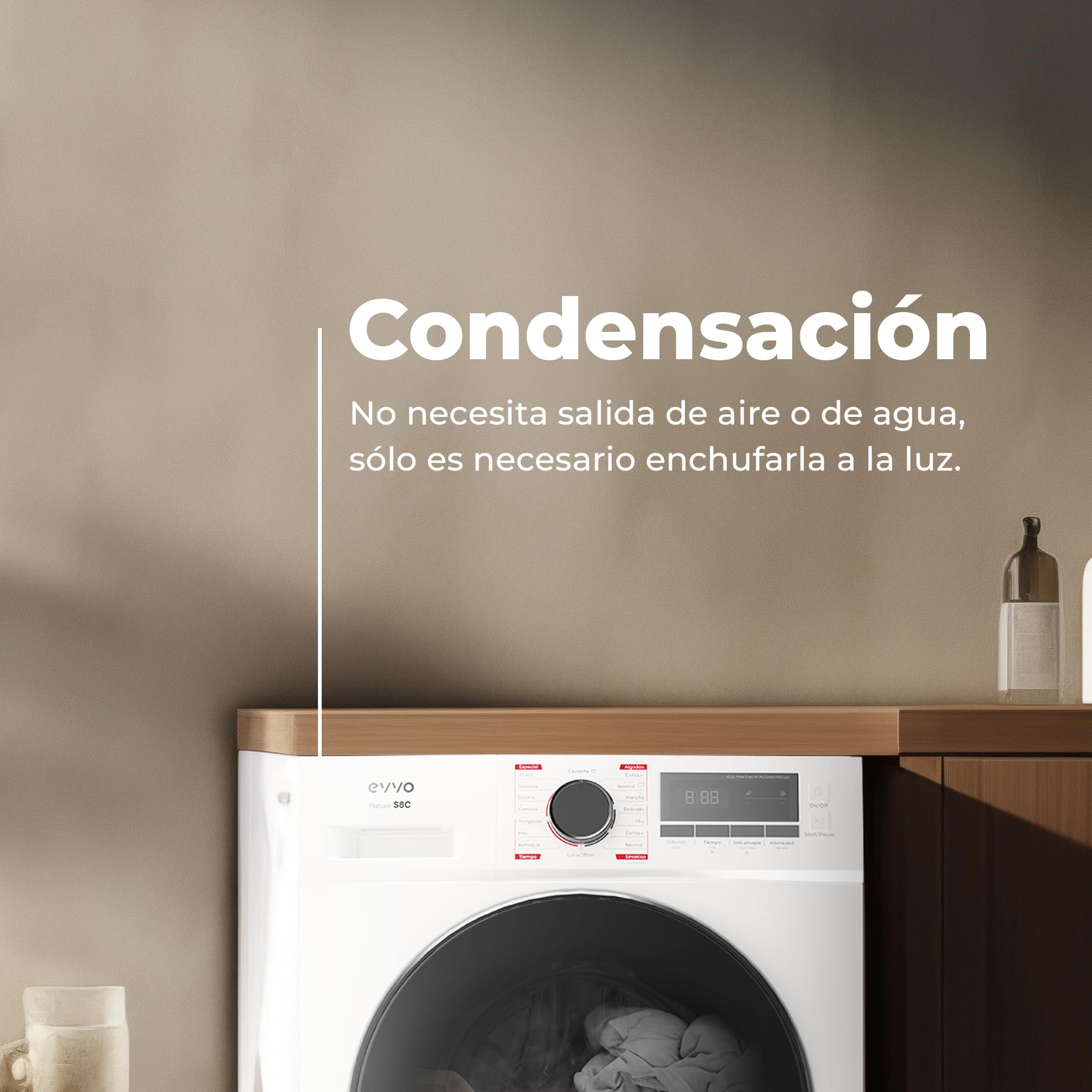 EVVO Secadora condensación 8 kg, Selector de Tiempo, Clase Energética B, Aire Frío para Prendas Delicadas, Airfresh, Sensor de Humedad, Antiarrugas, Inicio Diferido (Modelo Nature S8CX Inox)