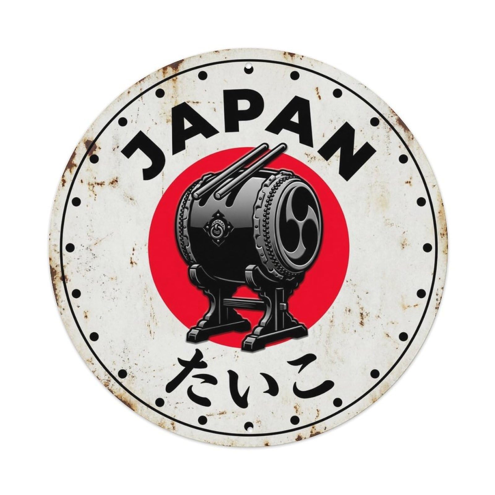 Taiko Drum Japan Traditional Percussion Badge Motif Metal Tin Sign Plaque Wall Decor for Cafe, Man Cave, Club Bar, Office, Home Garden Round Metal Poster 8x8Inch