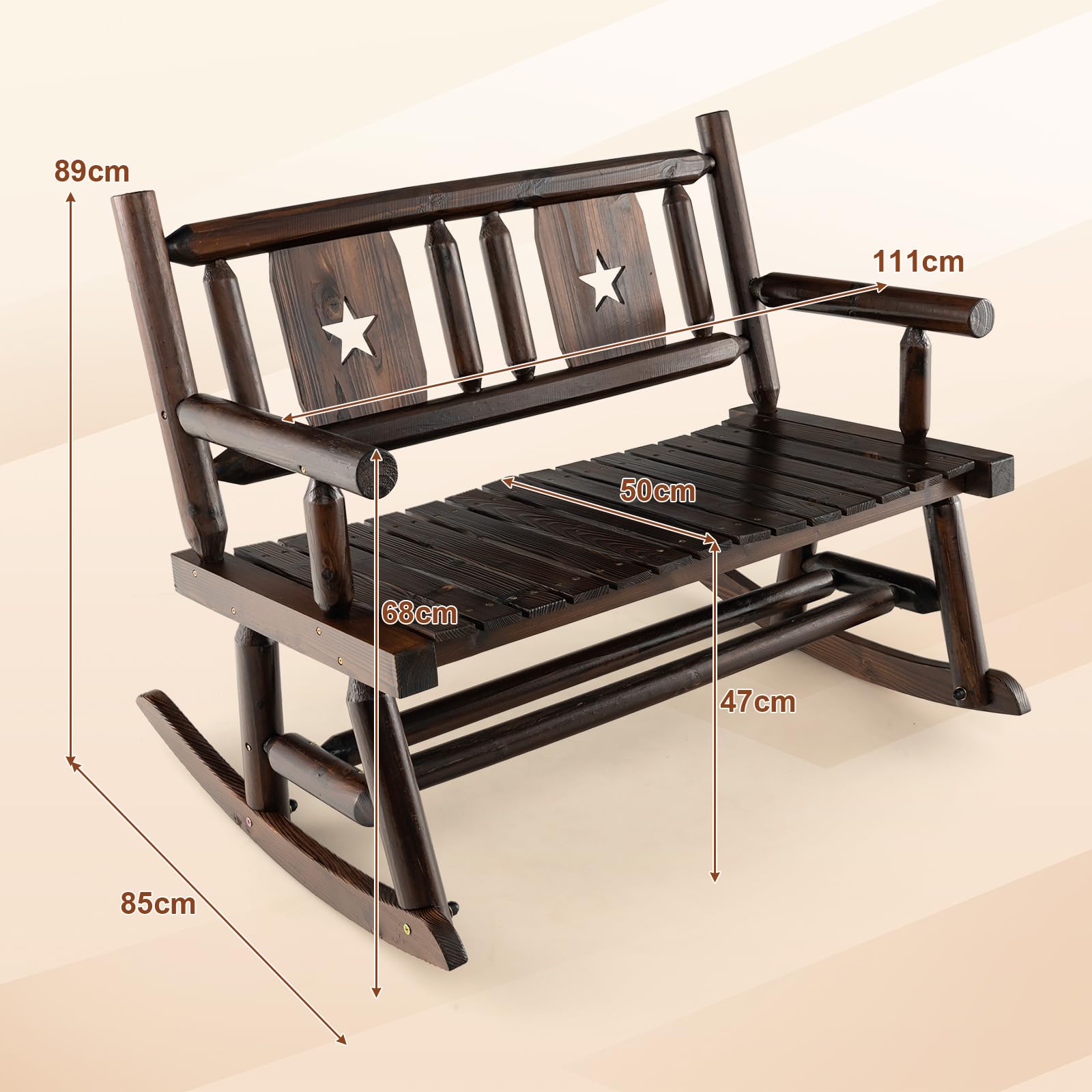 GOPLUS Banco Mecedora Exterior para 2 Personas, Mecedora Doble de Madera Carbonizada con Asiento Curvado, Balanceo de Porche para Jardín, Trasero y Carga 320 kg, Marrón rústico