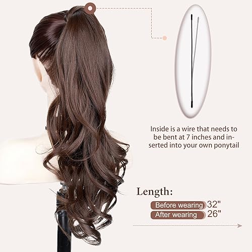 Miniatura 2 de Long Wavy Ponytail Extension, Bendable Metals Wrap Around Womens Ponytail Hair Extensions for Women Synthetic Ponytail (Medium chestnut Brown)