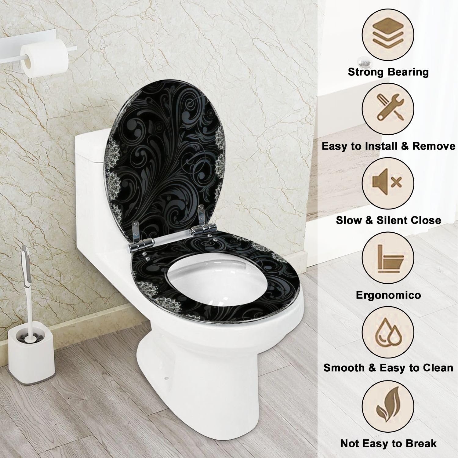 Round Toilet Seat floral Resin Toilet Seat with Quietly Close Quick Release Hinges Decorative Toilet Seat with Cover Easy to Clean and Install