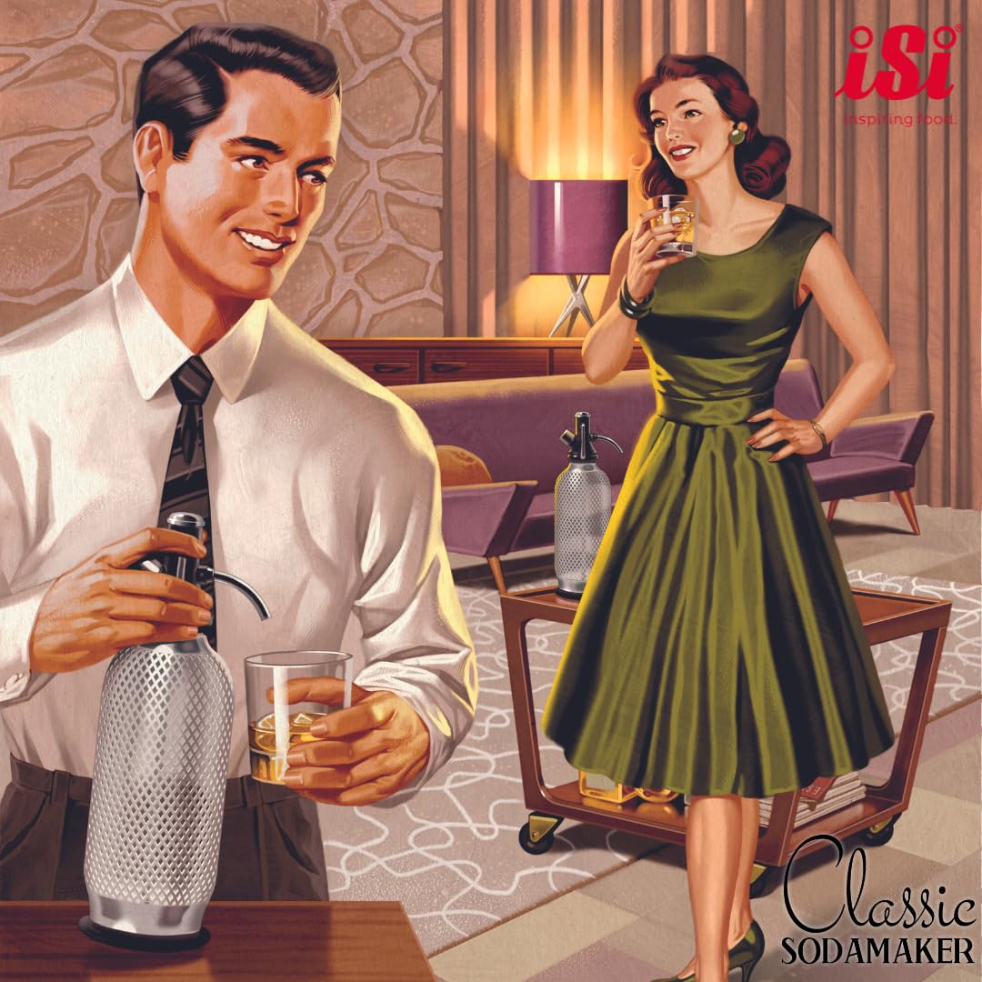 iSi 1060 Sodamaker Classic, 1,0 L, Wassersprudler für Sprudelwasser, Sprudler mit PEN-Flasche aus Edelstahlgewebe, Kohlensäure für Wasser, Sodabereiter, Barzubehör im Vintage-Look 106001 Edelstahl