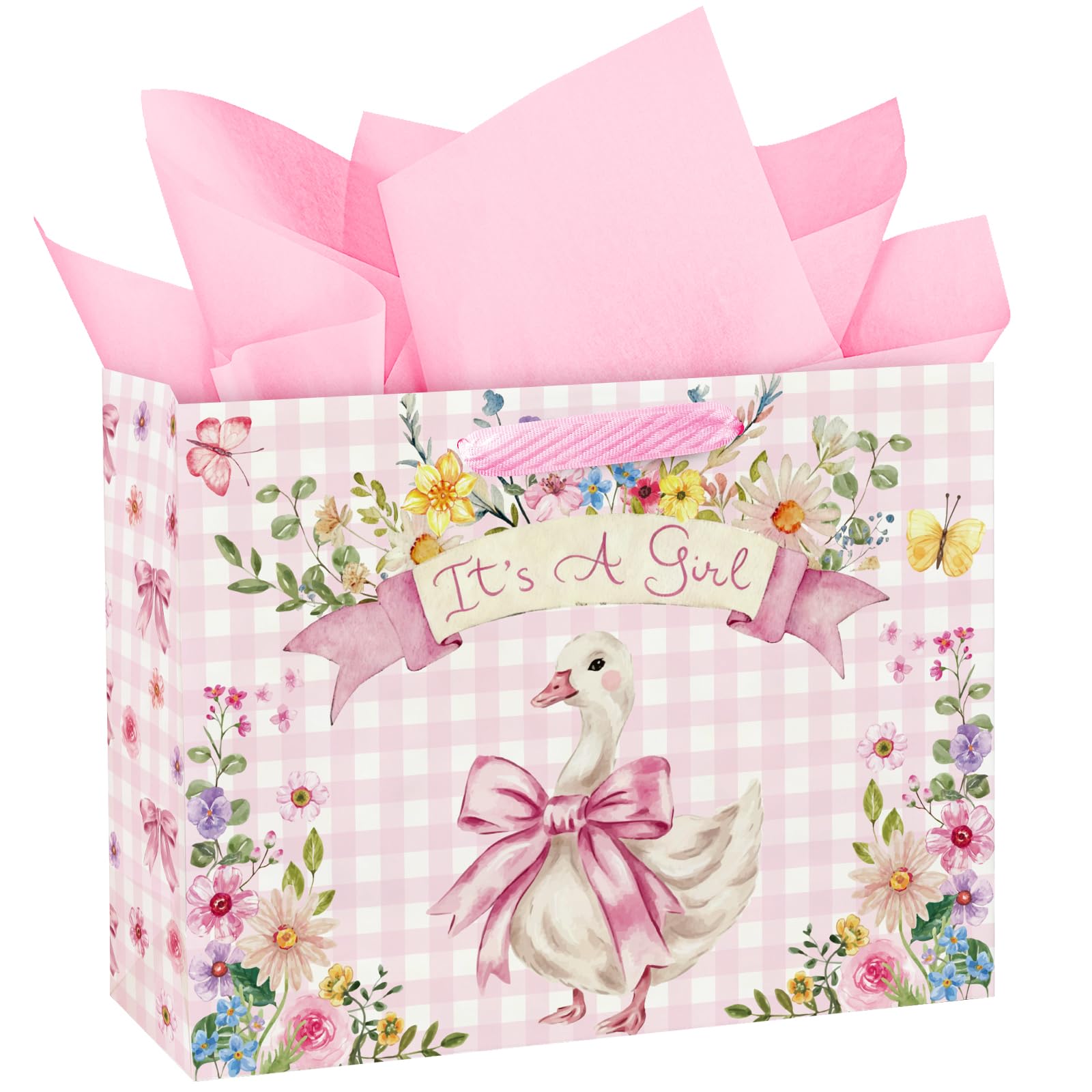 Loveinside 13" Large Goose Baby Shower Paper Bag with Tissue Paper - Pink Check and Bow Goose Design Gift Bags for Baby Girl Shower Girls Birthday