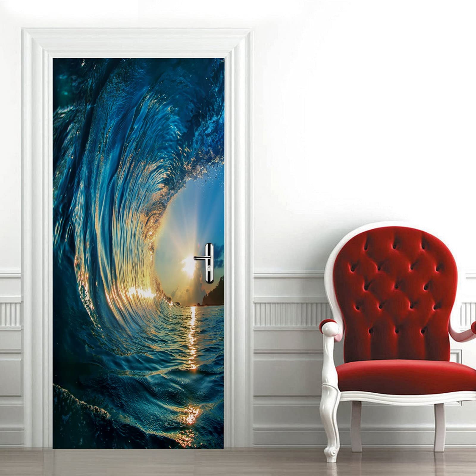 A.Monamour 3D Door Stickers for Interior Doors Colored Ocean Wave at Sunset Vinyl Waterproof Self Adhesive Door Mural Decals for Bedroom Office