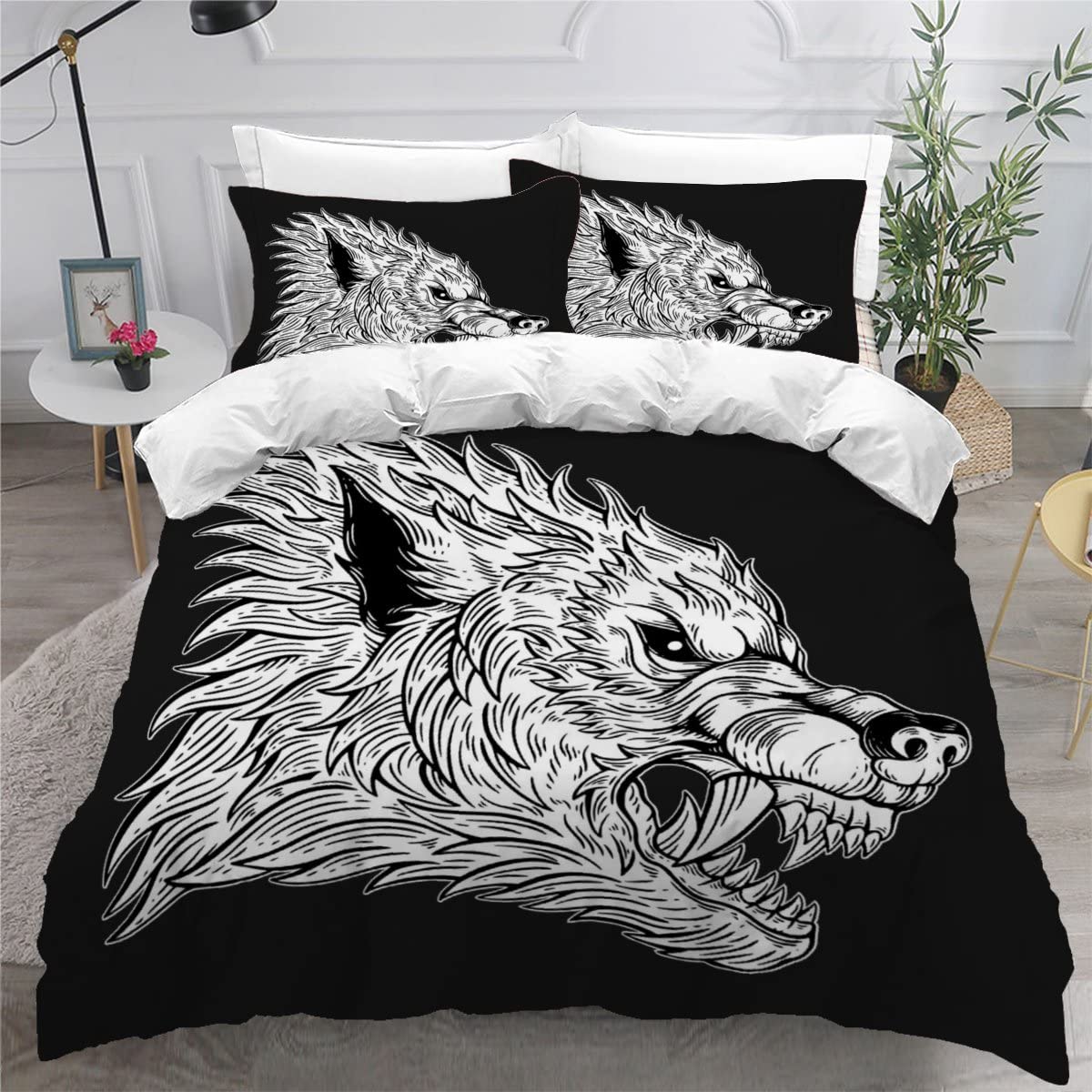 Housse de couette 200x200 loup parure de lit 2 personnes adulte microfine motif animal sombre
