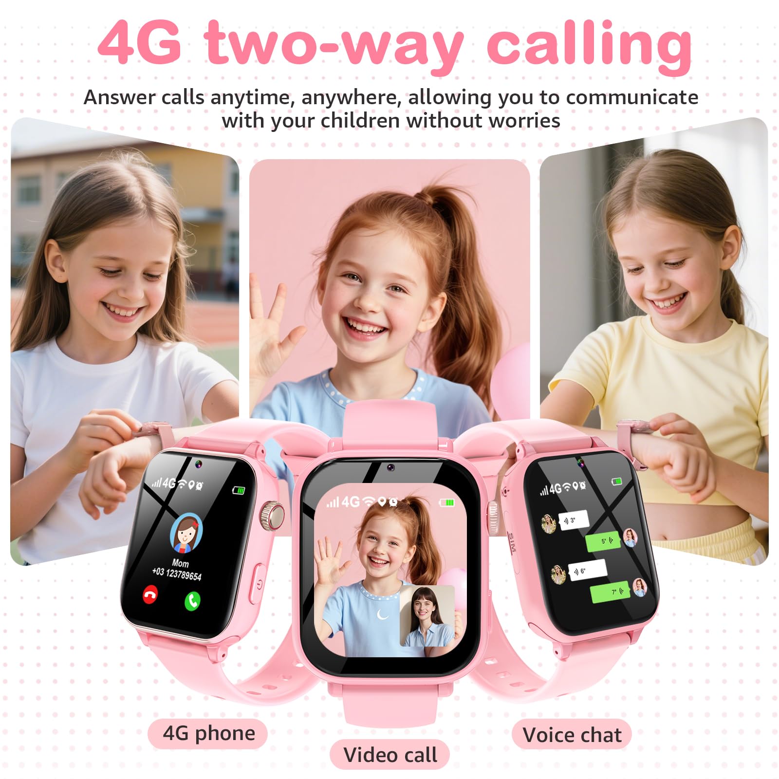 Ucani 4G Orologio Smartwatch Bambini, Orologio Intelligente con GPS, SOS, Telefono/Chat/Videochiamata, Modalità Scuola, Contapassi, Sveglia, Gioco Smart Watch Ragazza Ragazzo 4-12 Anni Regalo, Rosa