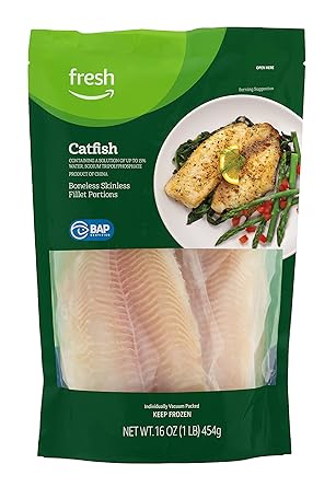 Amazon Fresh Brand, Catfish Boneless Skinless Fillet Portions, Frozen, Responsibly Sourced, 1 Lb
