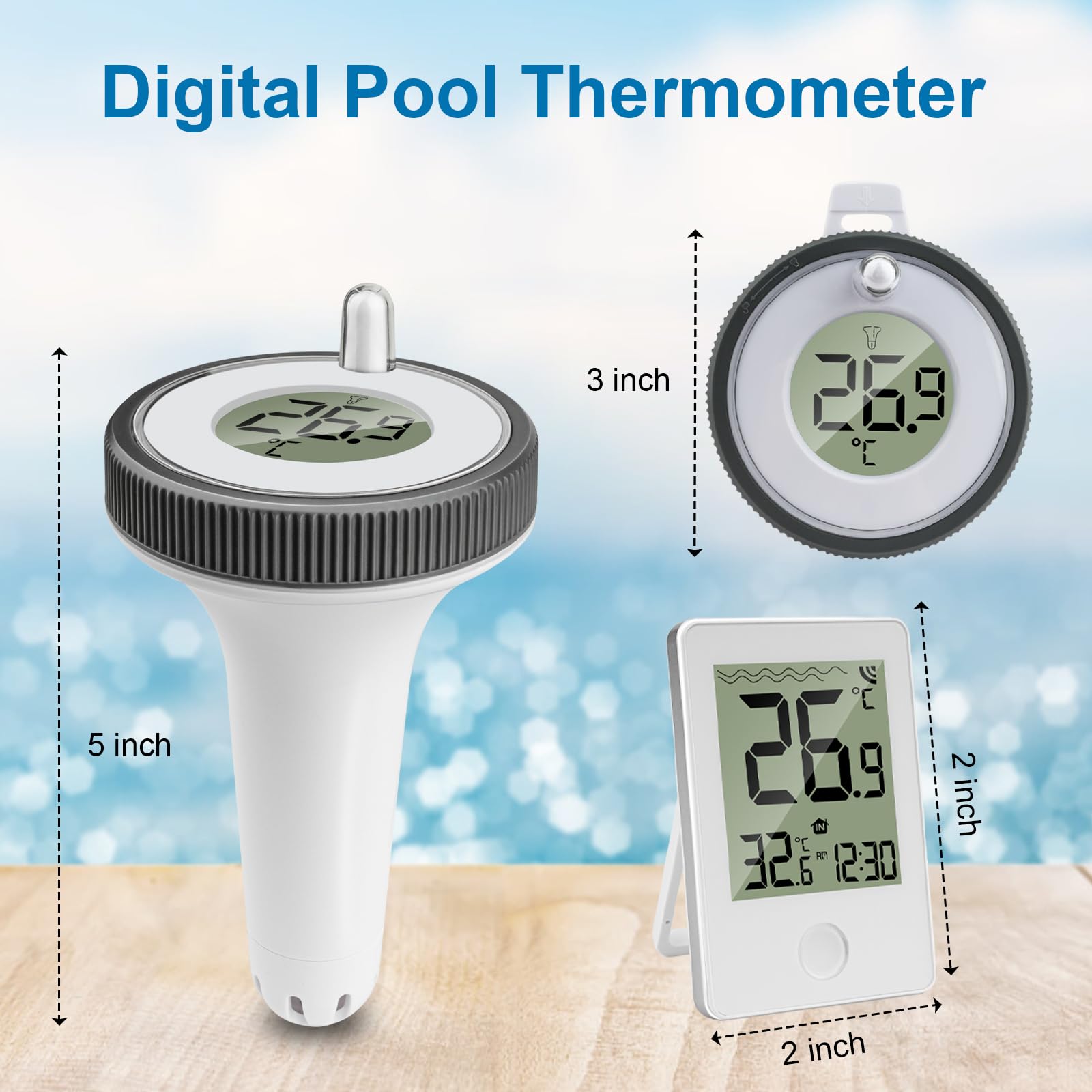Pool Thermometer Funk, Poolthermometer Schwimmend Funk Digitales Thermometer für Pool, IP67 Wasserdicht Schwimmbadthermometer Wasserthermometer Innen Außen für Schwimmbäder, Aquarium, Badewannen,Teich