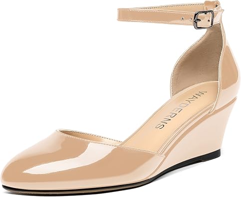 WAYDERNS Womens Round Toe Cut Out Buckle Ankle Strap Patent Wedge Low Heel Pumps Shoes 2 Inch