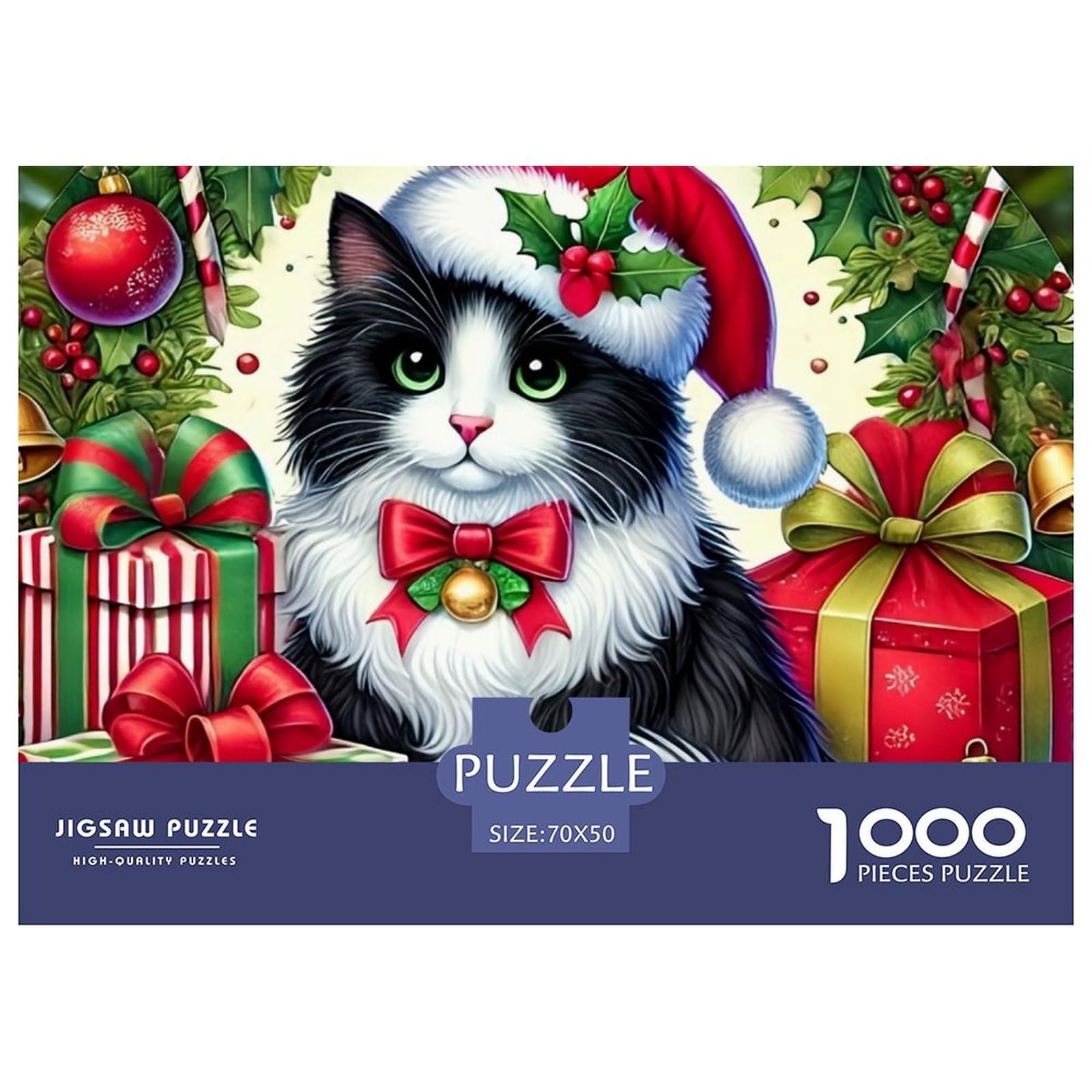 Christmas Cat 1000 Piece Educational Game Decompression Puzzle -Black White Cat Santa Hat for Adults Wall Decoration And Gifts70x50cm/1000pcs