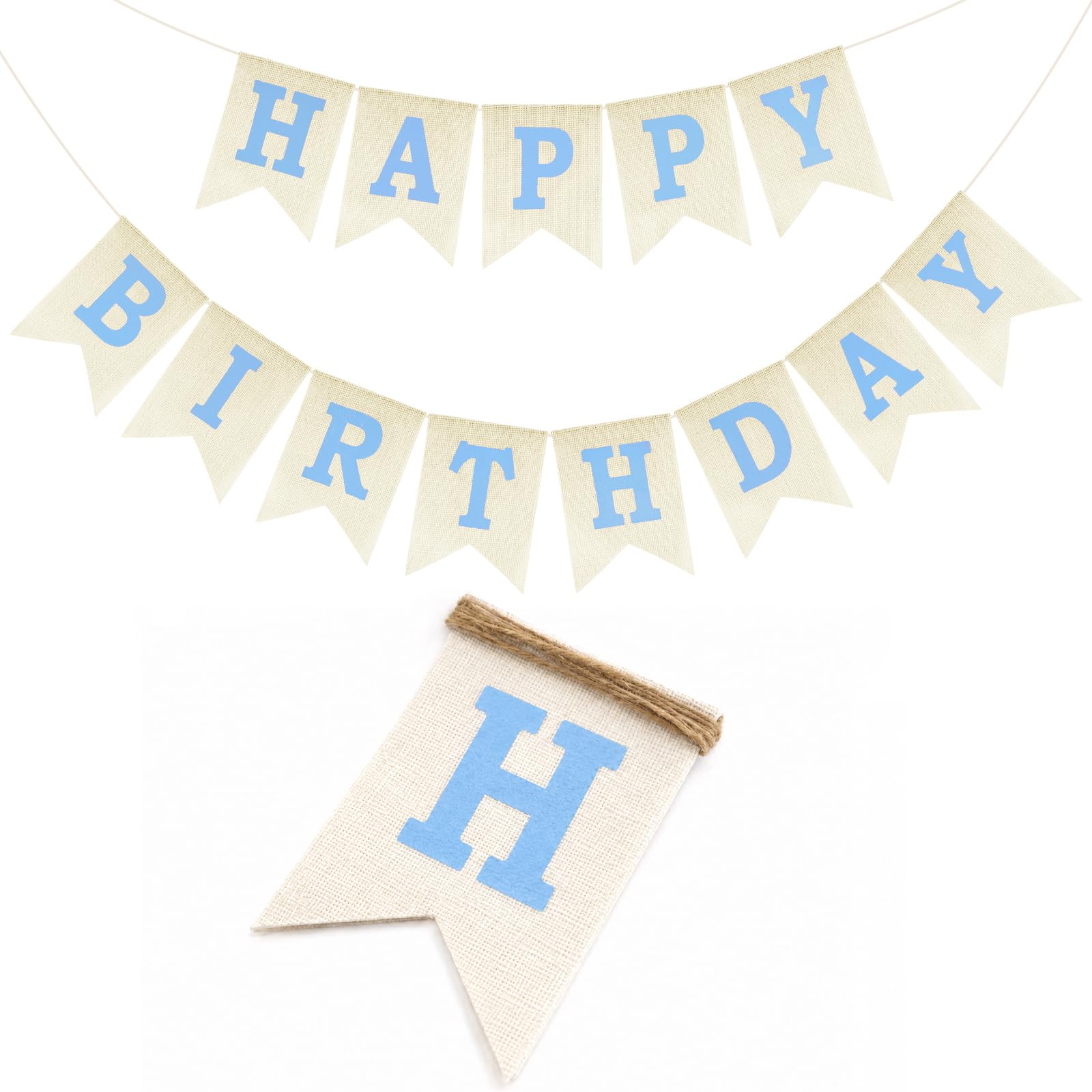 G2PLUS Blue Happy Birthday Bunting, Pre-Strung Hessian Birthday Banner for Boys, Men, Adults and Kids, Birthday Party Decoration