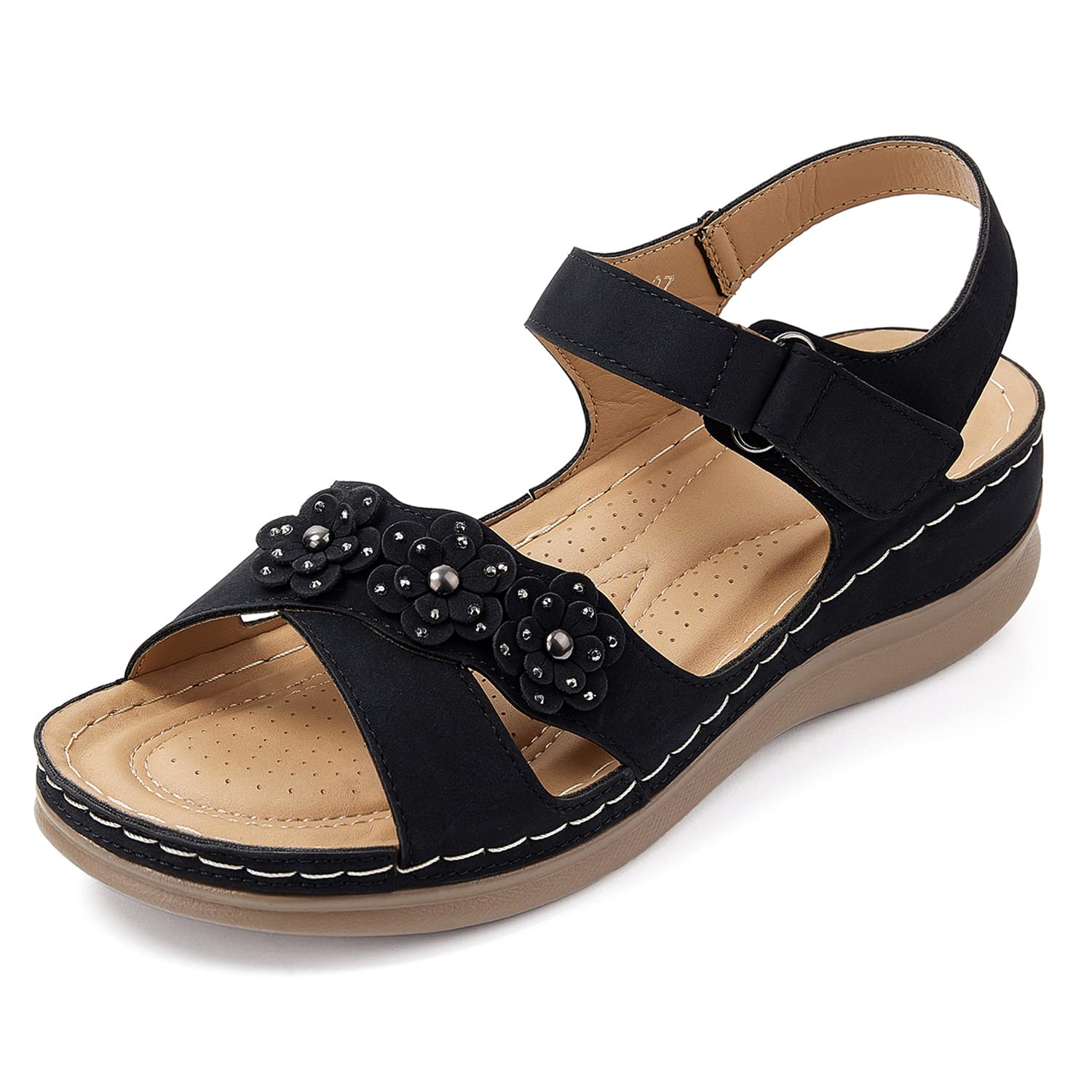 Wedge Sandals for Women Dressy: Black Size 8 Low Summer Platform Comfort Dress Sandal - Comfortable Walking Sandals - Casual Flower Flat Womens Sandal