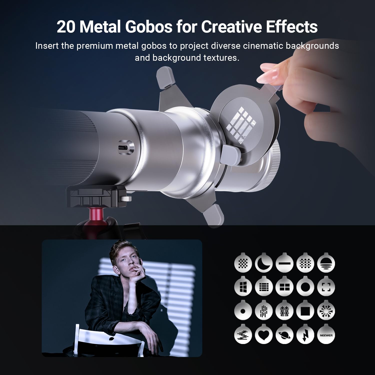 NEEWER BASICS Spotlight Snoot Óptico Cónico Solo para Linterna Fotográfica FL10/FL20/FL10P, Accesorio de Proyector 4 Veces Más Brillante con Enfoque Ajustable, 30° Ángulo Haz, 20 Gobos Metálicos, LS01