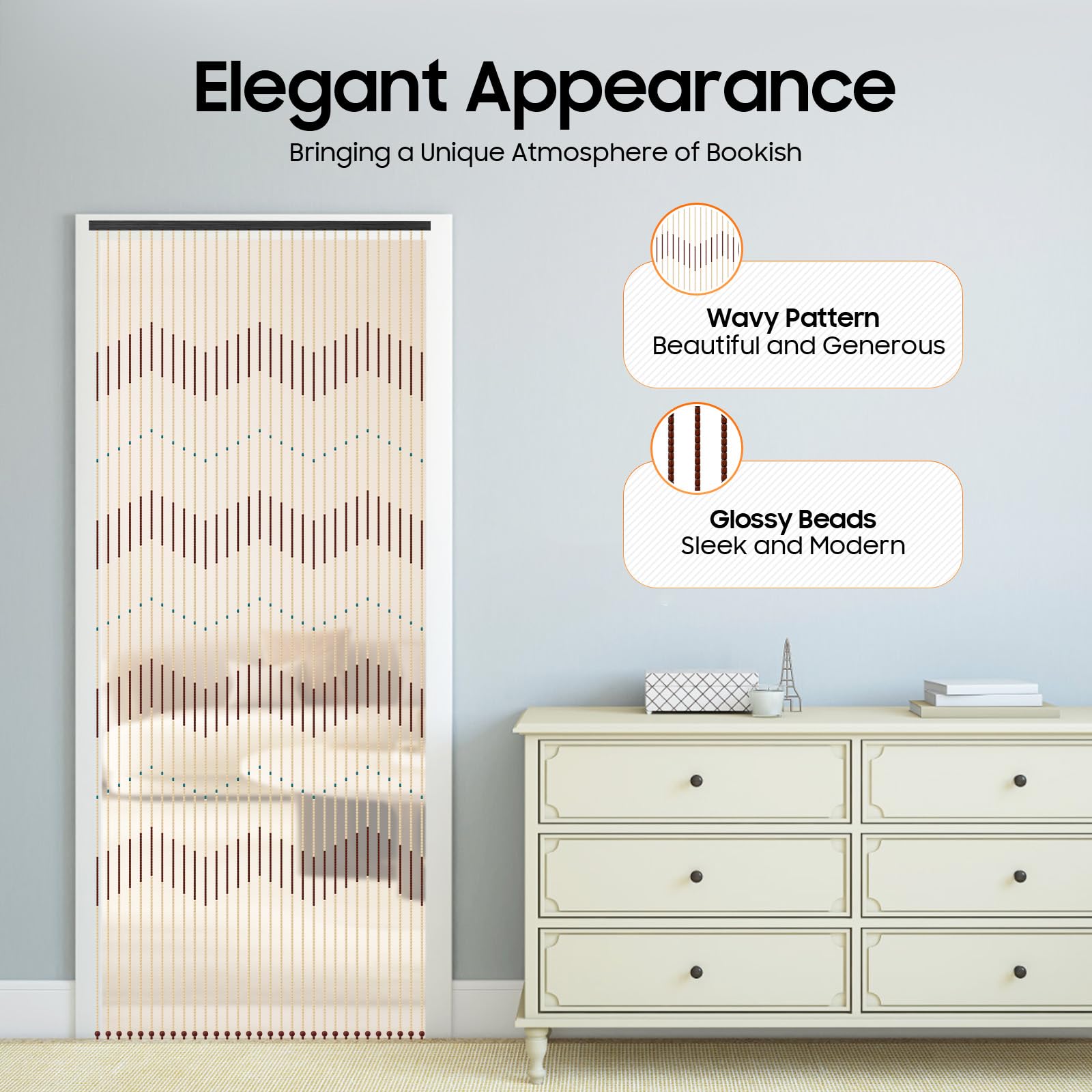 Rideau de porte à perles 90 x 220 cm - Moderne - Avec motif ondulé - Perles en bois - Décoration - En bambou - Pour salon, balcon, patio