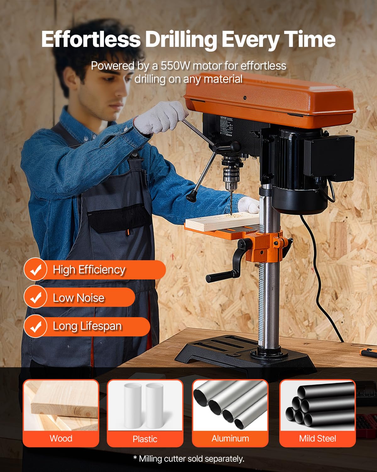 VEVOR Perceuse à Colonne d'Établi 254 mm, 550 W, Vitesse Réglable 550/950/1500/2000/2500 tr/min, Moteur à Induction, Table de Travail Inclinable 0-45°, Positionnement par Rayons X, pour Bois et Métal