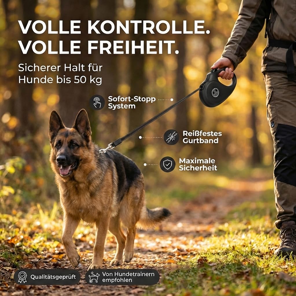 HUND IST KÖNIG Rollleine Hundeleine 8m für kleine & große Hunde | Hochwertige Hundeleine ausziehbar mit bequemen Griff | Robuste Ausziehleine | bis 50kg