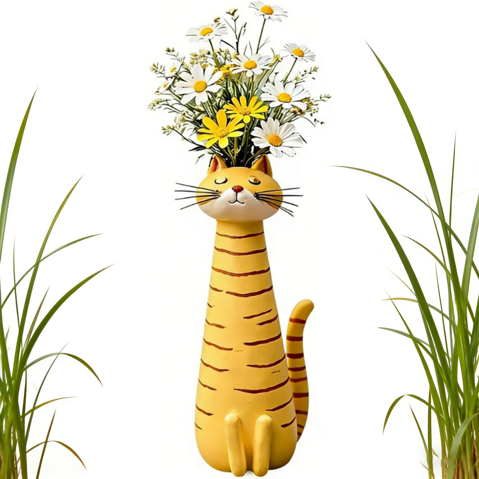 Handcrafted Quirky Cat Vase - 7.5 Inch Whimsical Resin Flower Vase for Boho Home Decor, Funny Kitty Planter for Desk & Shelf, Cat Lovers Unique Birthday Gift (B)