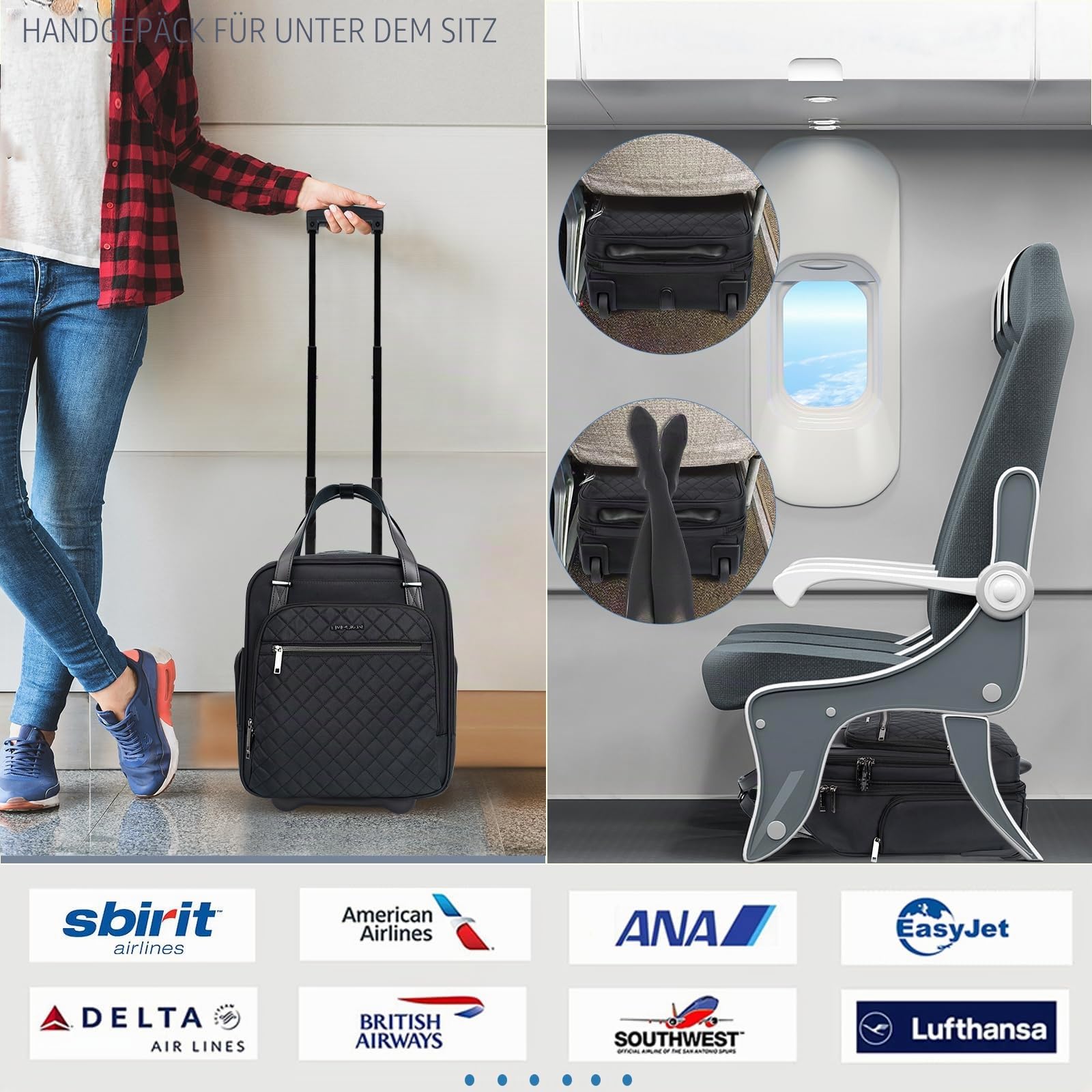 EMPSIGN Handgepäcktasche mit Rädern unter dem Sitz, 40,6 cm, Schwarz, 16 Inch, Handgepäck unter dem Sitz