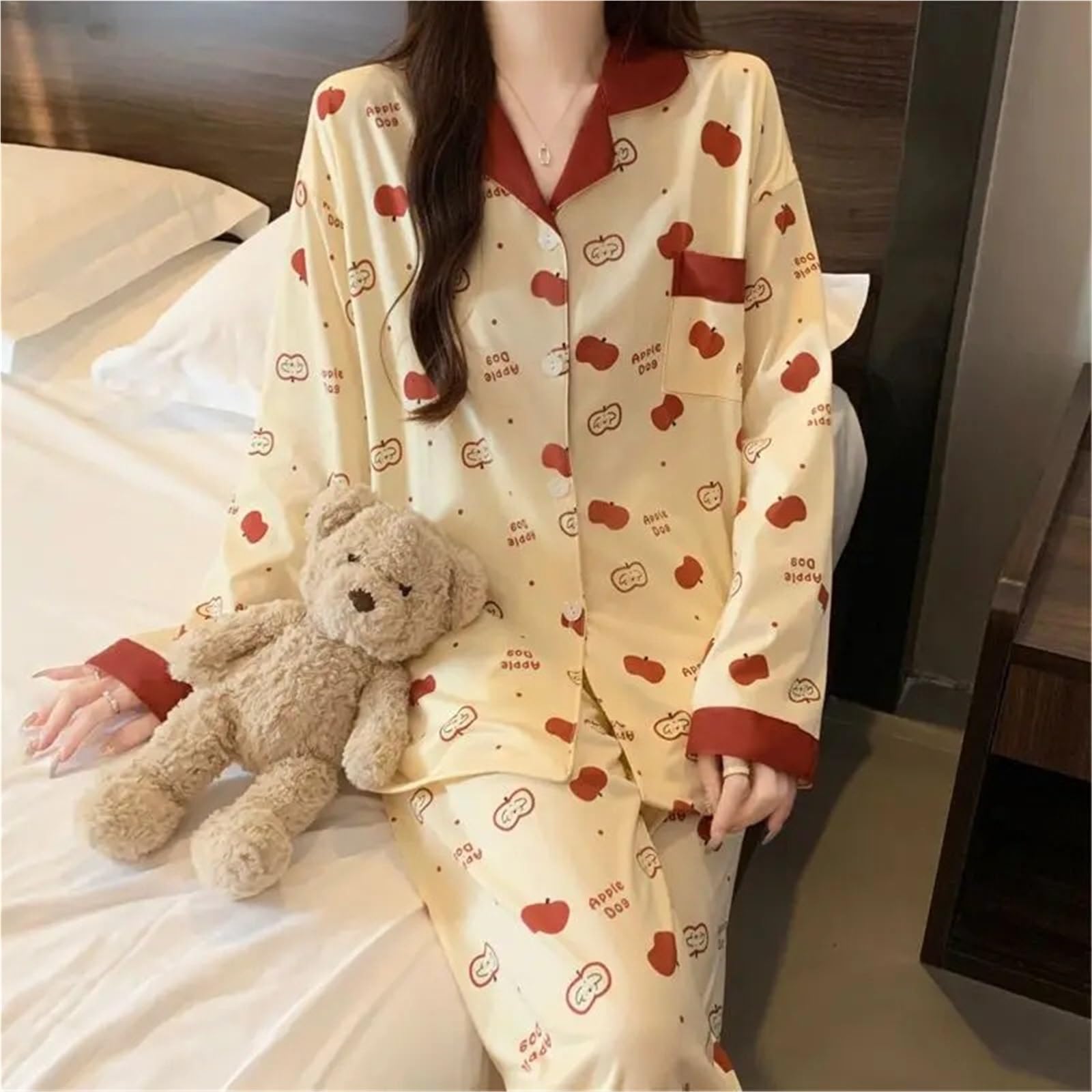Conjunto de Pijama for Mujer con Estampado Lunares Manzana Dibujos Animados Primavera/otoño, Ropa Dormir Informal Dulce, Suave y cómoda Dos Piezas para Descanso en casa