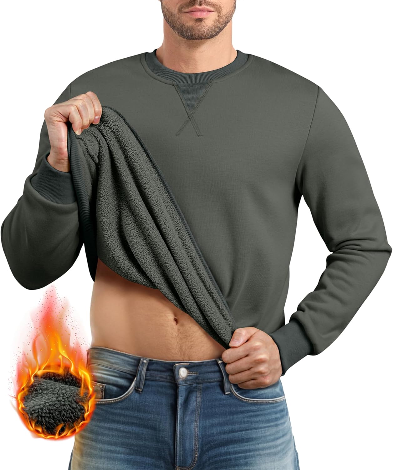 JMIERR Mens Cotton Sherpa Lined Sweatshirts Casual Fleece Long Sleeve Crewneck Fall Winter Pullover Shirts - Image 2