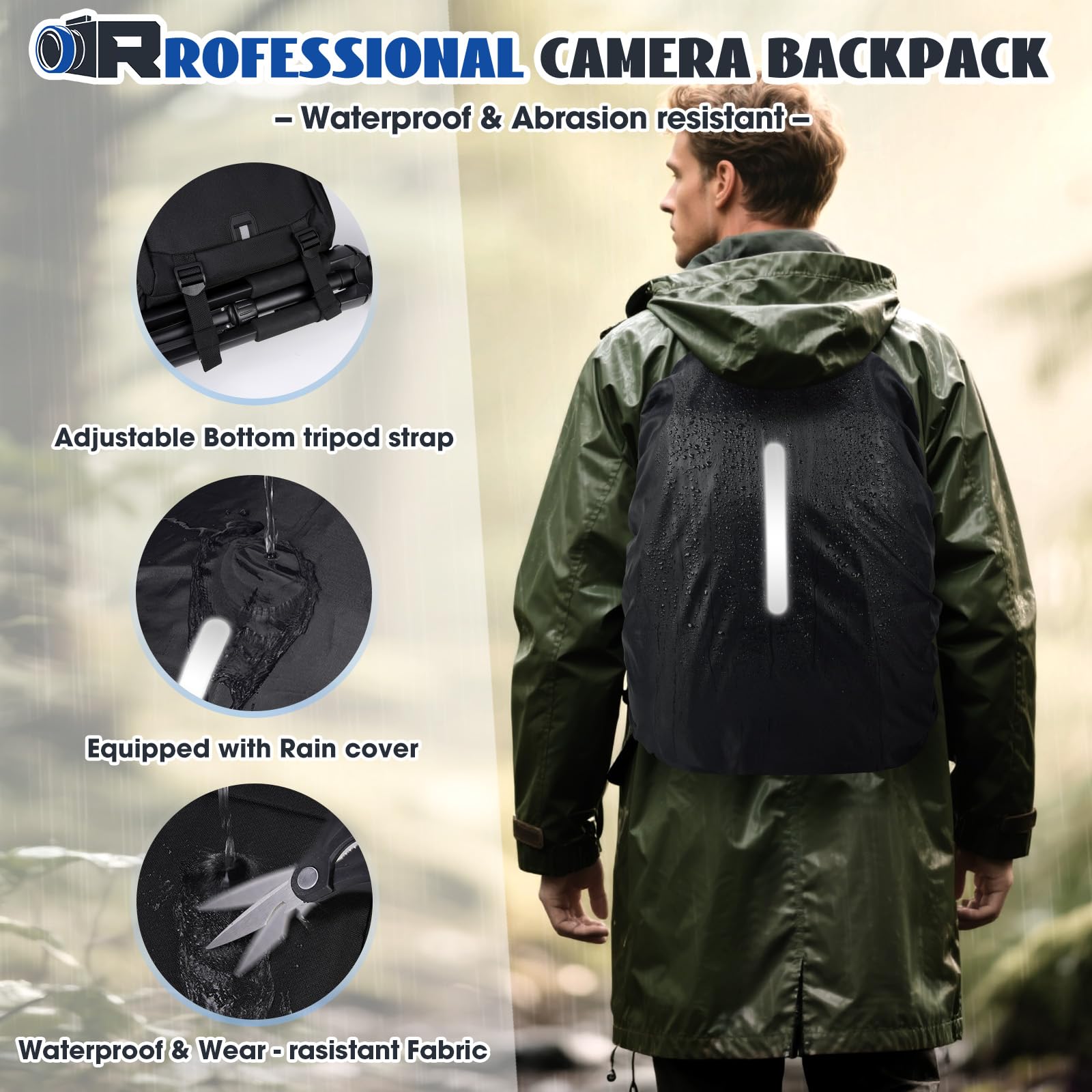 RAINSMORE Zaino Fotografico Professionale per Computer da 14 Pollici Zaini per Fotocamera per Fotografi Copertura Antipioggia Borsa Fotografica DSLR per Canon Nikon Sony Nero