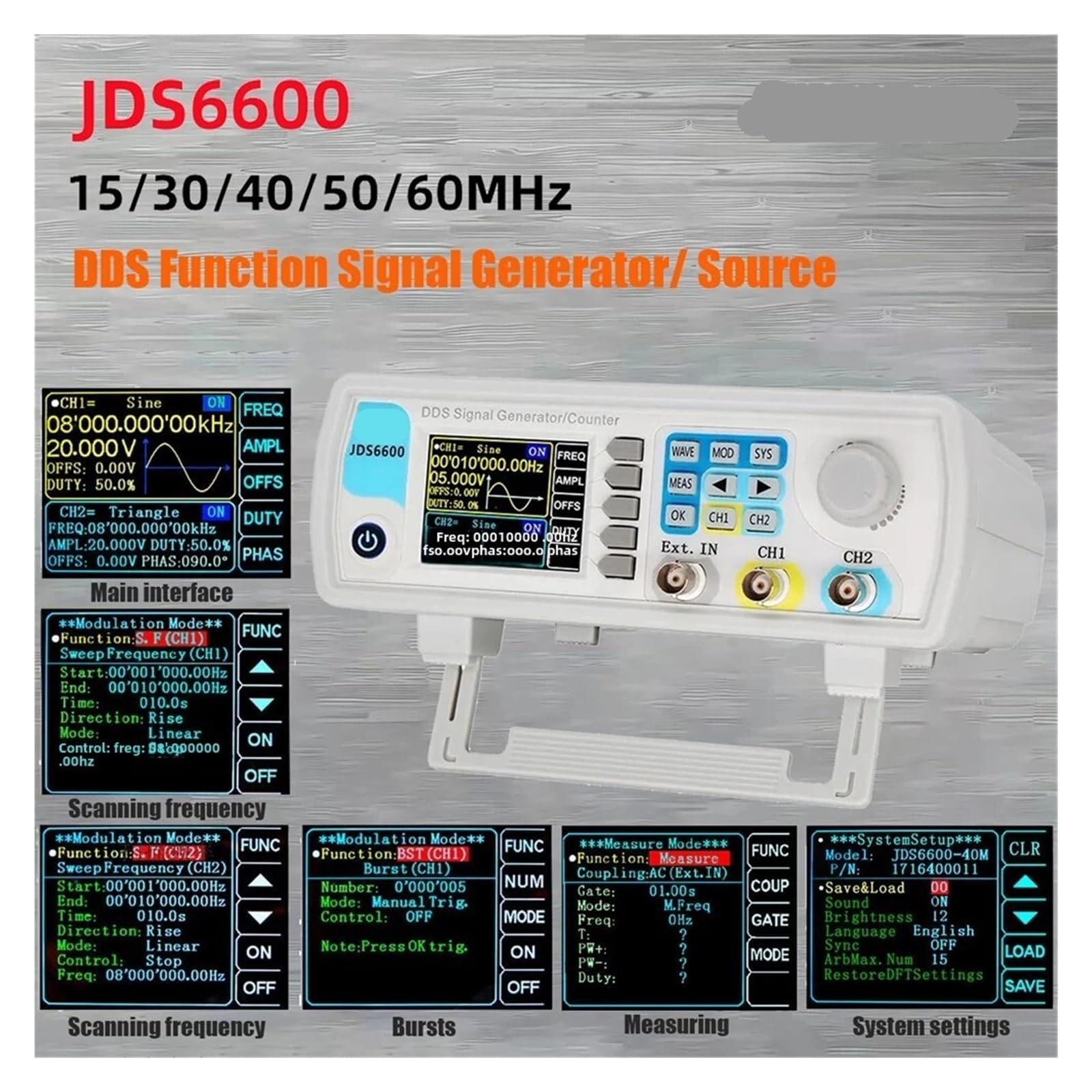 Generador de señales con función DDS JDS6600 de 15/30/40/50/60 MH/z, medidor de frecuencia Dual/2 Canales, generador de pulsos de Forma de Onda arbitraria(50MHz)