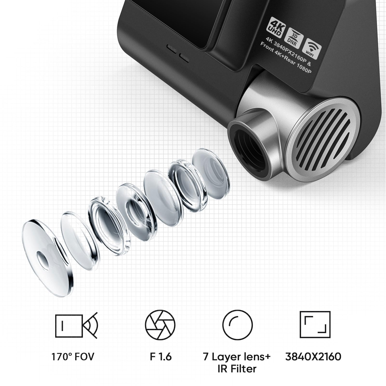 Dash Cam, Telecamera per Auto Anteriore e Posteriore 4K con Fotocamera Posteriore Ribaltabile 1080P, WiFi 5GHz Integrato, Schermo da 2,0 Pollici, Registrazione in Loop,