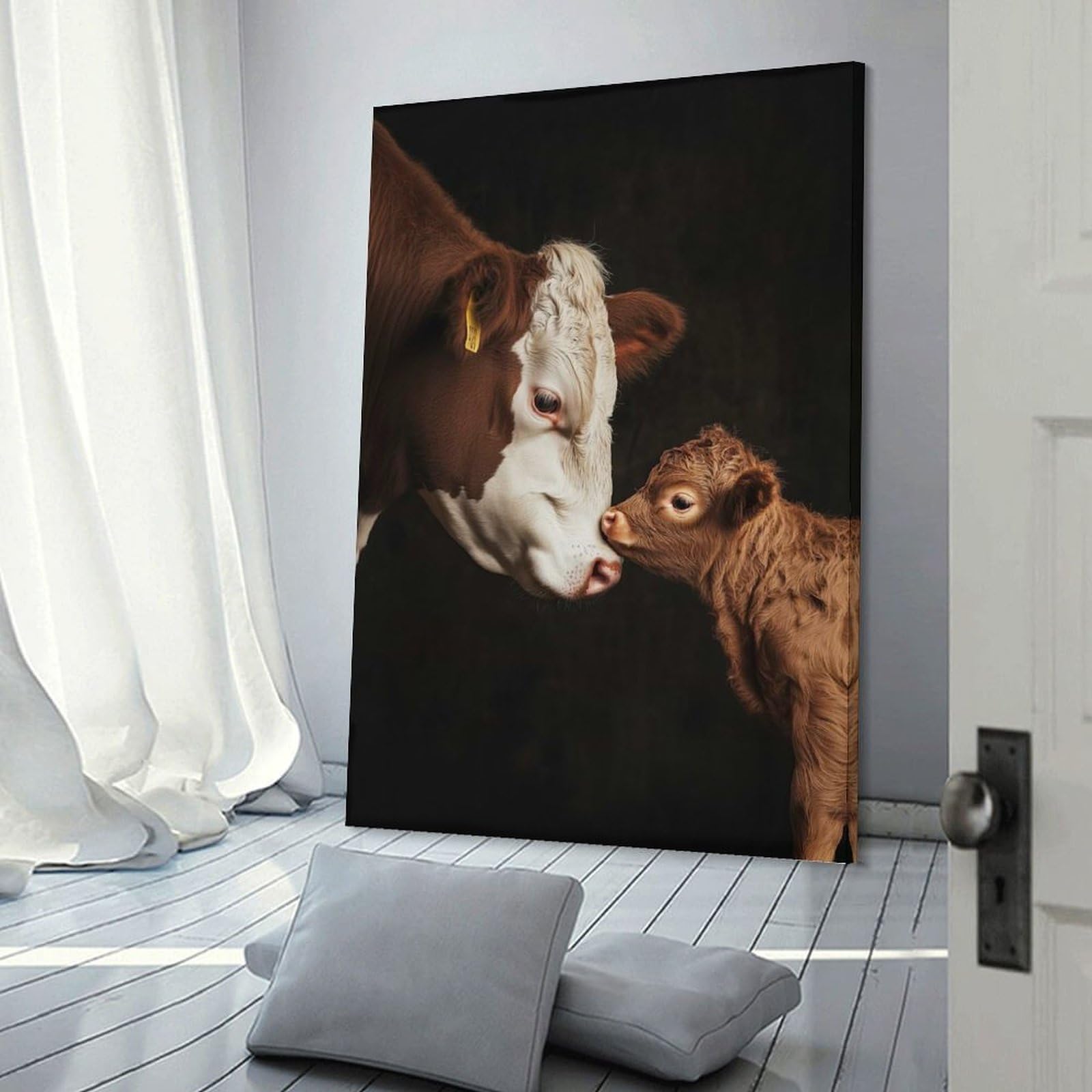 Junmoney Frame-Style-13 Hanging Wall Art Cow And Calf Nosing, 24X36inch(60X90cm), For Entryway, Lounge Links Or Small Walls, A Neat Decor Update For Hallways