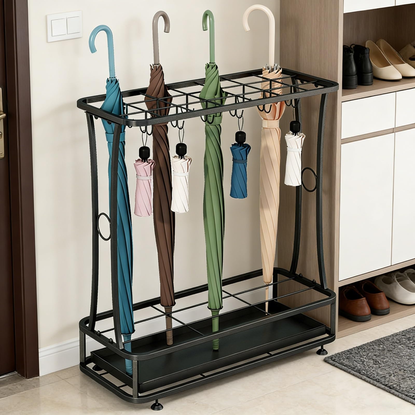XDLEDMKIZ Multi Functional Umbrella Stand with Drip Catcher Holds 18 Walking Sticks Canes and Umbrellas Space Saving Organizer for Home and Office