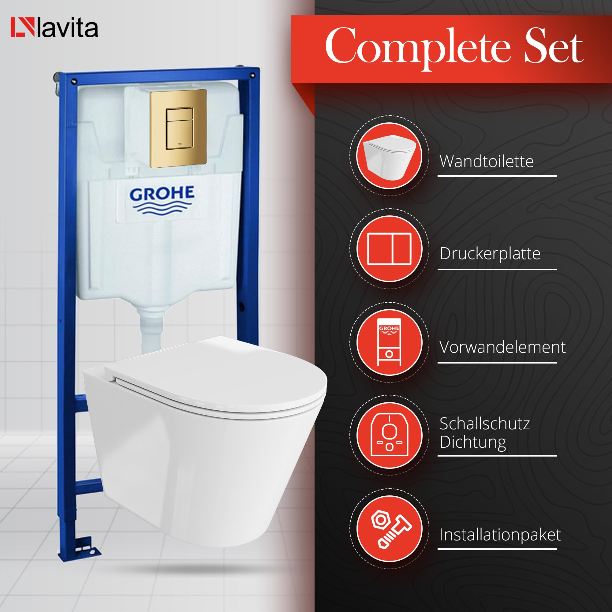 LAVITA | Elemento de pared Solido + pared colgante inodoro Galve blanco sin borde + asiento de inodoro SoftClose | Botón dorado | Juego completo | cisterna empotrada | inodoro completo