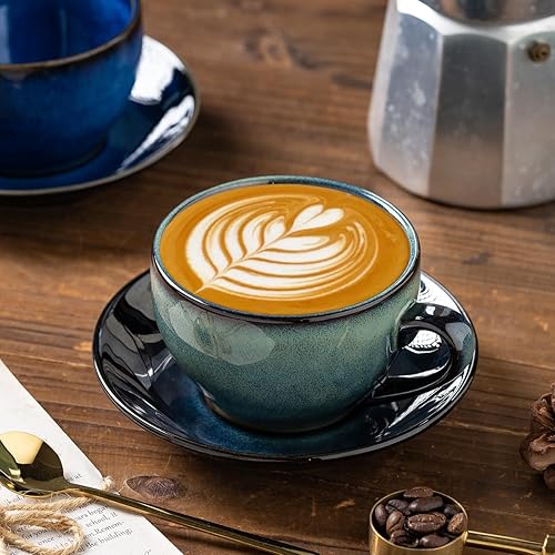 Miniatura 6 de Taza de café de porcelana con cuchara, diseño vintage de cerámica latte Art capuchino barista taza de té espresso con platillo (11.6 onzas, 11.8 fl