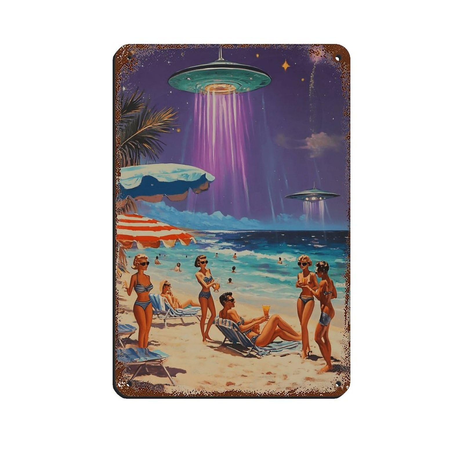 Retro Sci-Fi Beach,UFO Artwork Retro Poster Metal Tin Sign Chic Art Retro Iron Painting Bar People Cave Cafe Family Garage Poster Wall Decoration 8x12inch(20x30cm)