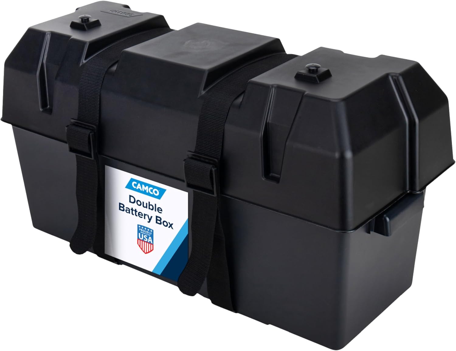 Camco Double Battery Box - Safely Stores RV, Automotive, and Marine Batteries - Features a Heavy-Duty Corrosion-Resilient Polymer Construction and Measures Inside 21-1/2" x 7-3/8" x 11-3/16" (55375) Frustration Free Packaging Double Battery Box