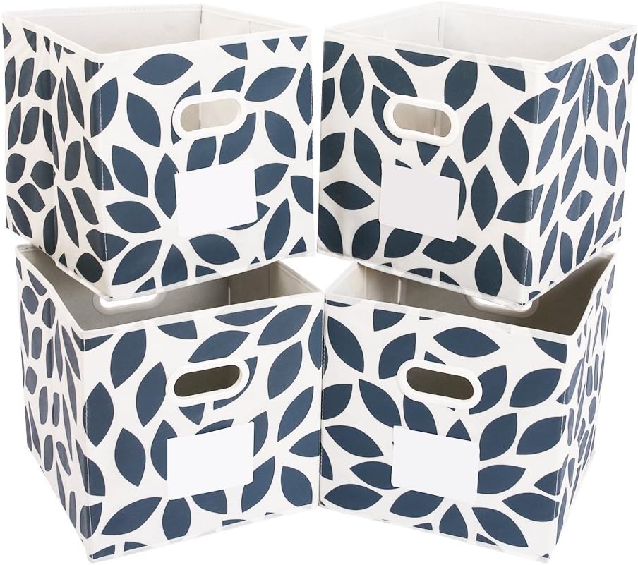 MAX Houser Fabric Storage Bins Cubes Baskets Containers with Dual Plastic Handles for Home Closet Bedroom Drawers Organizers, Flodable, Blue, Set of 4
