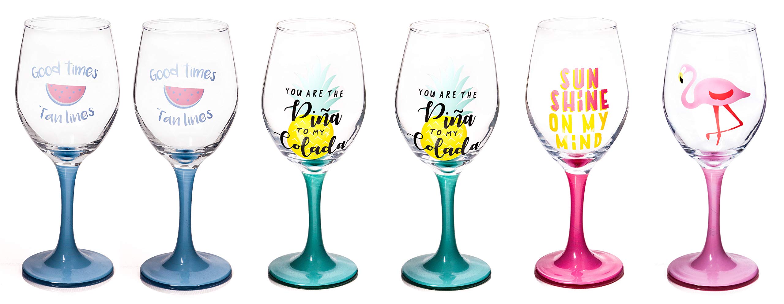 Party Wine Glasses 300ml - Set of 6 - Clear Fun Summer Drinking Glass Set Beautiful Long Stem Modern Glassware for Special Occasions - 4 Different Designs