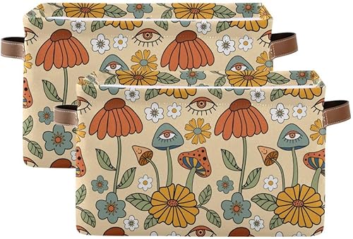 Miniatura 2 de xigua Cesta de almacenamiento plegable con diseño de ojos de hongos, canasta de almacenamiento de lona impermeable con asas de cuero para armarios