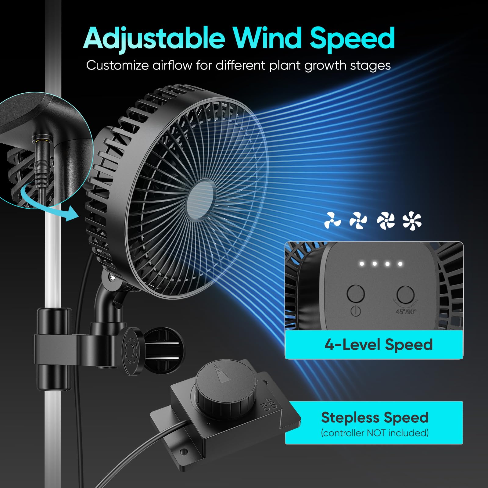 Ventilatore a Clip per Grow 10W, Motore EC Professionale, 2200 RPM, Cavo di Alimentazione CA Lungo 161 cm, Ventilatore da Coltivazione per Idroponica Vegetale, Tenda da Coltivazione