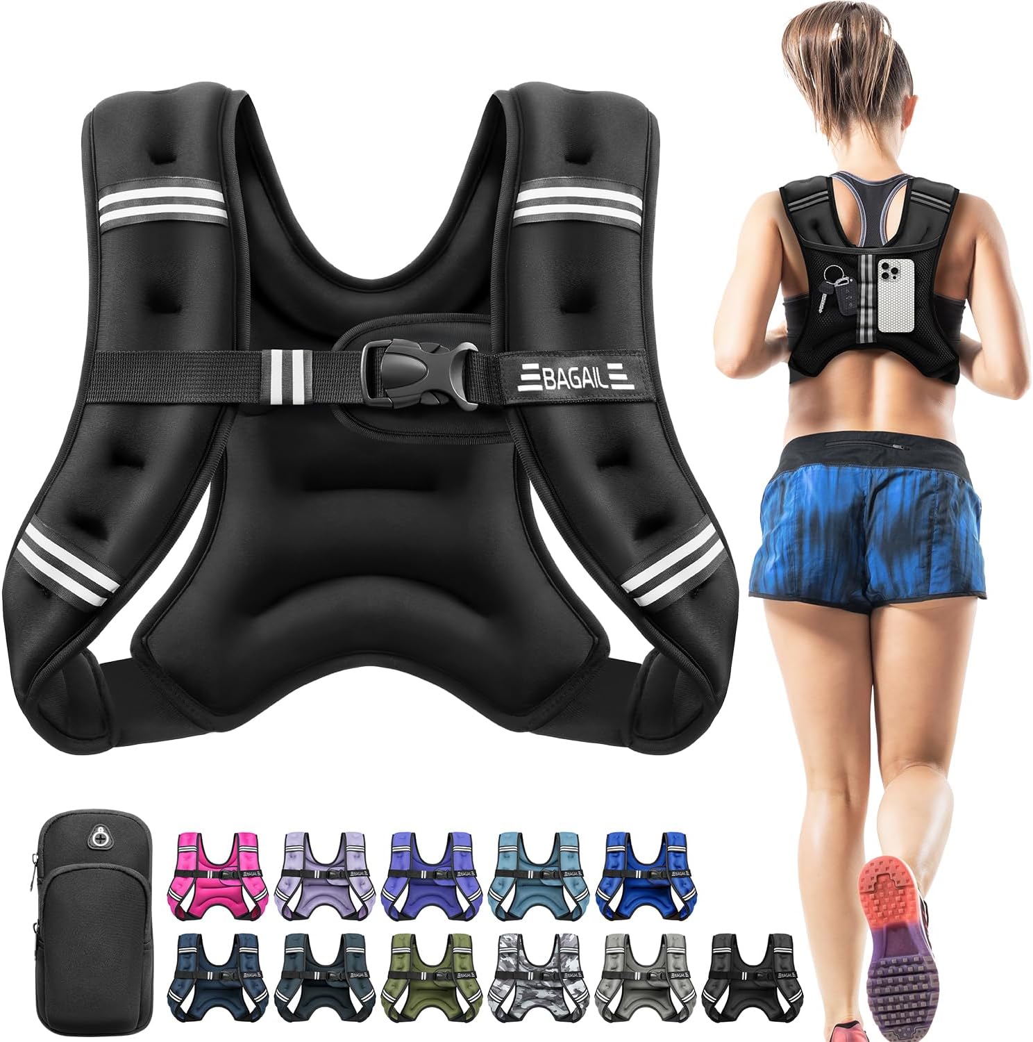 BAGAIL Comfort-Fit Weighted Vest for Woman, Even Weight Distribution, Faster Weight Loss, No-Chafe or Bounce for Walking & Running with Detachable Phone Pouch & Reflective Stripes (Available 5-30lbs)