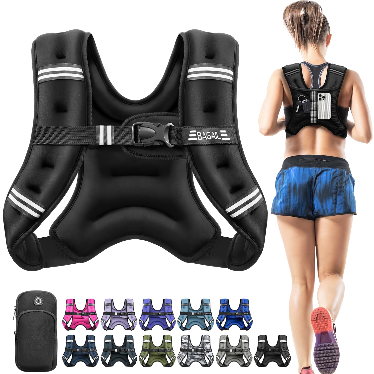 BAGAIL Comfort-Fit Weighted Vest for Woman, Even Weight Distribution, Faster Weight Loss, No-Chafe or Bounce for Walking & Running with Detachable Phone Pouch & Reflective Stripes (Available 5-30lbs)