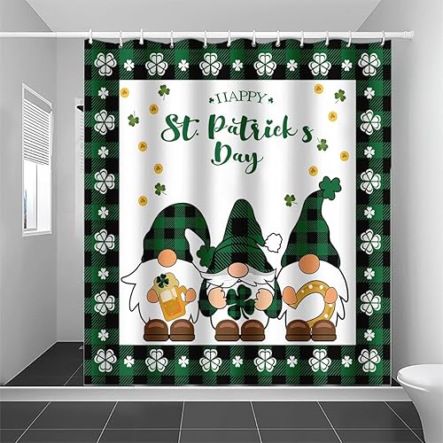 Cortina de ducha del día de San Patricio, cortina de ducha con tréboles y tréboles, cortina de baño verde con ganchos, 71 x 71 pulgadas, cortina de