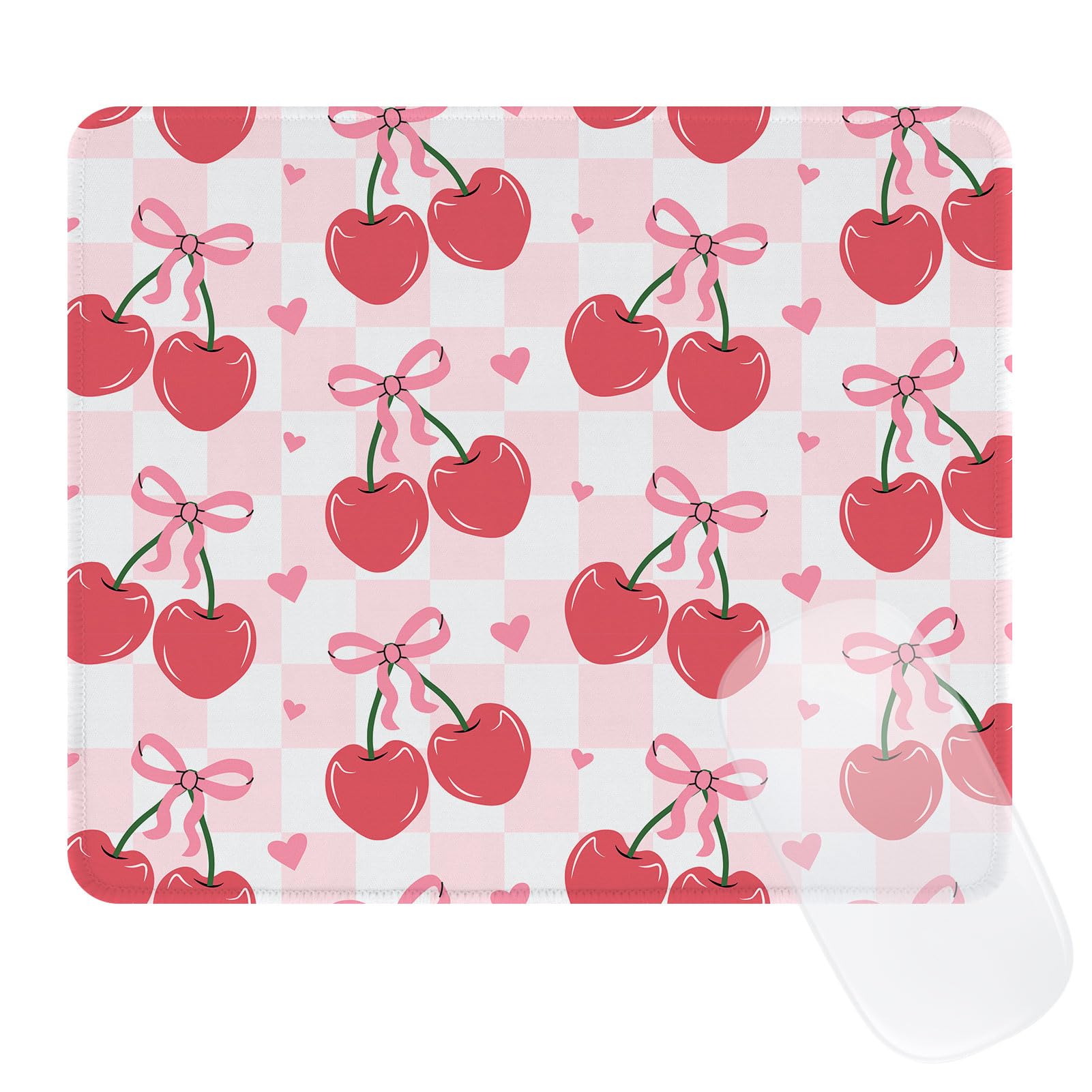 Cute Mouse Pad Red Cherries Pink Bow Heart Plaid Mousepad, Waterproof Mouse Mat Design Cloth, Non-Slip Rubber Base Computer Funny Mouse Pads, Small Mouse Pad Desk Accessories