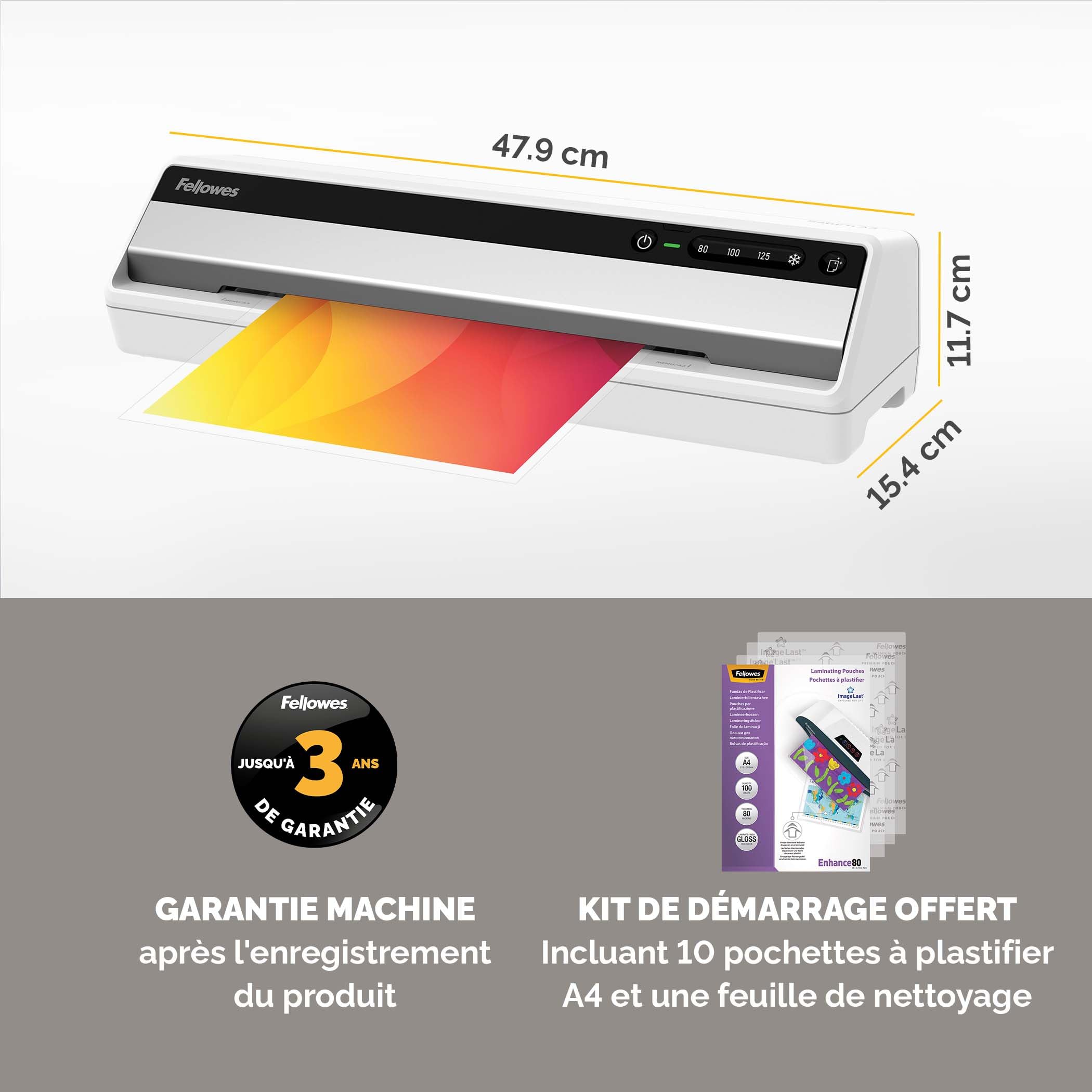 Fellowes Plastifieuse Saturn 3I A3 Avec 10 Pochettes Plastifieuses A3 80 à 125 microns, Sans Bourrages, Plastifieuse A3, 3 Réglages De Température, Arrêt Automatique, Professionnel, 30 cm/min, 5736001 | Sans Bourrages, 3 Réglages de Température, Arrêt Aut