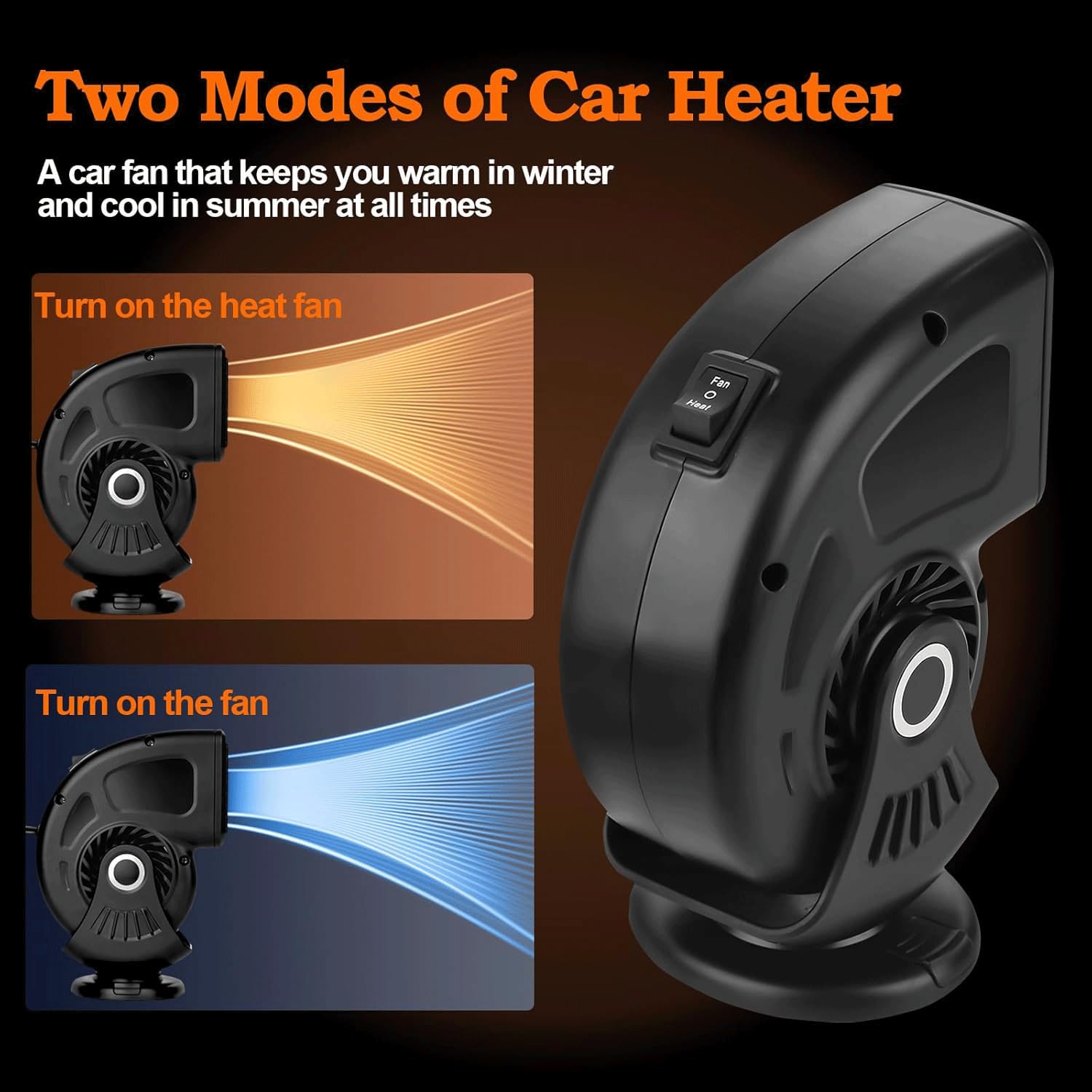 Chauffage D'appoint Voiture 12V 150W - 2 En 1 Chauffage Et Ventilateur - Rotation 360° - Pour Désembuage/dégivrage Rapide - Branchement Allume-cigare