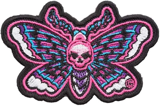 PatchStop Moth Skull Pink Purple Blue Iron On Patches for Clothing Jeans - 2.75x1.75in Small DIY Sew On Patch for Jackets Bags - Embroidered Decorative Animal Patches