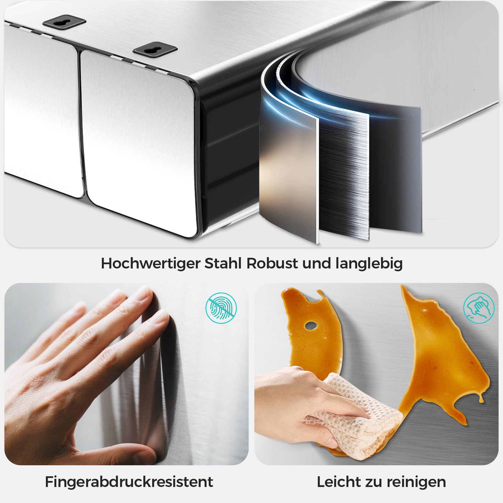 YASHE Mülleimer 2 Fächer mit Deckel, 2x30L Mülleimer Küche, Tretmülleimer Edelstahl mit 20 Müllbeuteln, Herausnehmbaren Inneneimern, Soft-Close